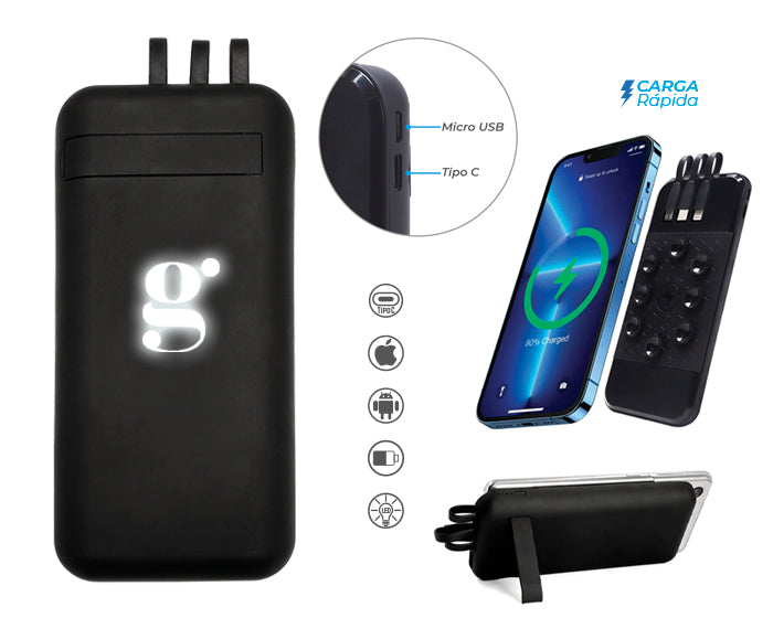 BATERÍA PORTÁTIL CON VENTOSAS 3 EN 1 DE CARGA RÁPIDA CON LUZ CAP. 10000 mAh BINGO A3003