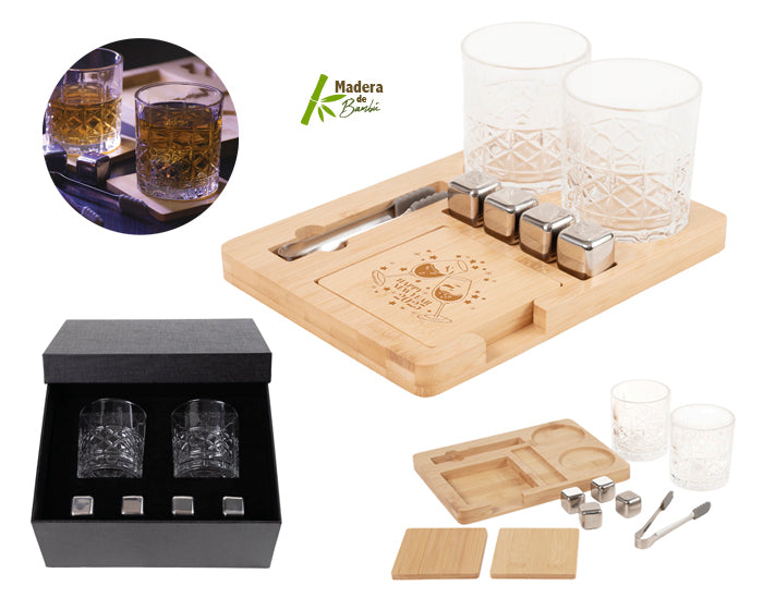 SET PARA WHISKY DE BAMBÚ, VIDRIO Y ACERO INOXIDABLE CHICAGO A3033 ÚNICO